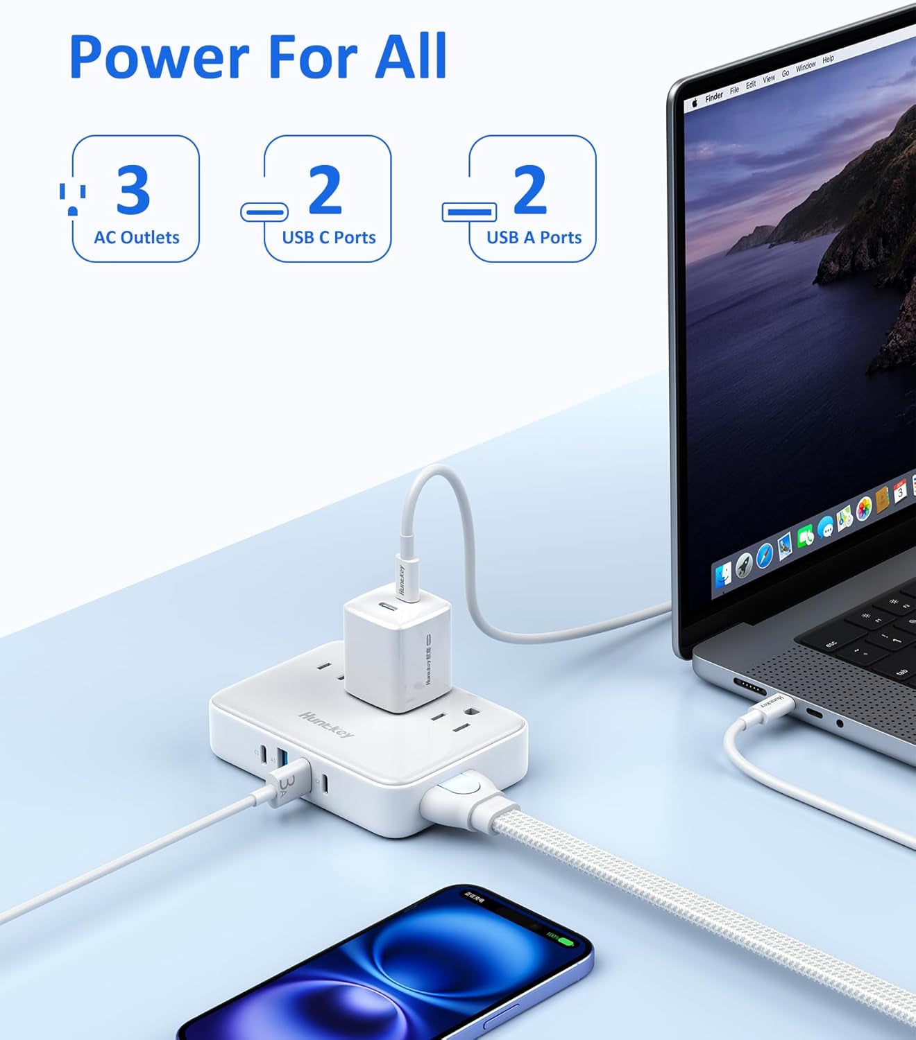Easycombo Travel Detachable Power-Strip - 3-Outlets, Cruise Approved, No Surge Protection, Detachable Cord Options,4 USB Ports (2 USB-C, 2 USB-A)