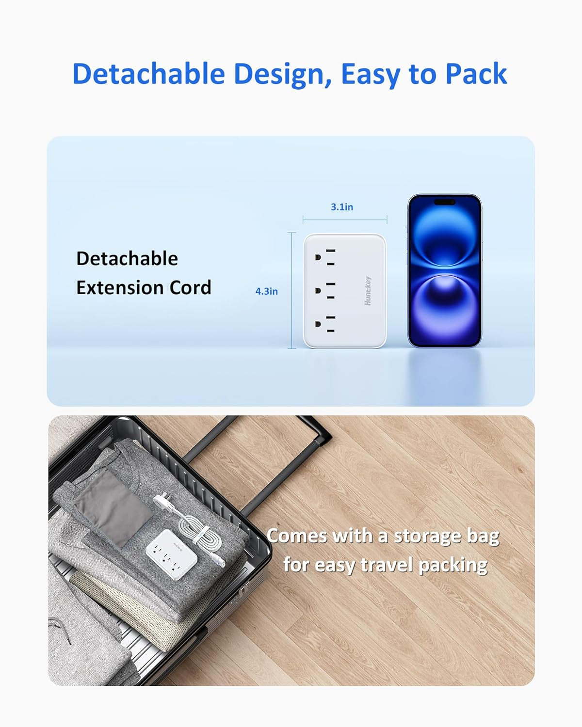 Easycombo Travel Detachable Power-Strip - 3-Outlets, Cruise Approved, No Surge Protection, Detachable Cord Options,4 USB Ports (2 USB-C, 2 USB-A)