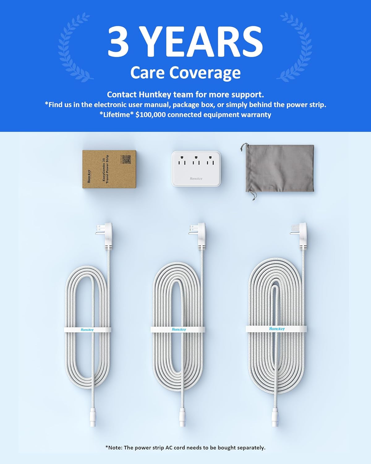 Easycombo Travel Detachable Power-Strip - 3-Outlets, Cruise Approved, No Surge Protection, Detachable Cord Options,4 USB Ports (2 USB-C, 2 USB-A)