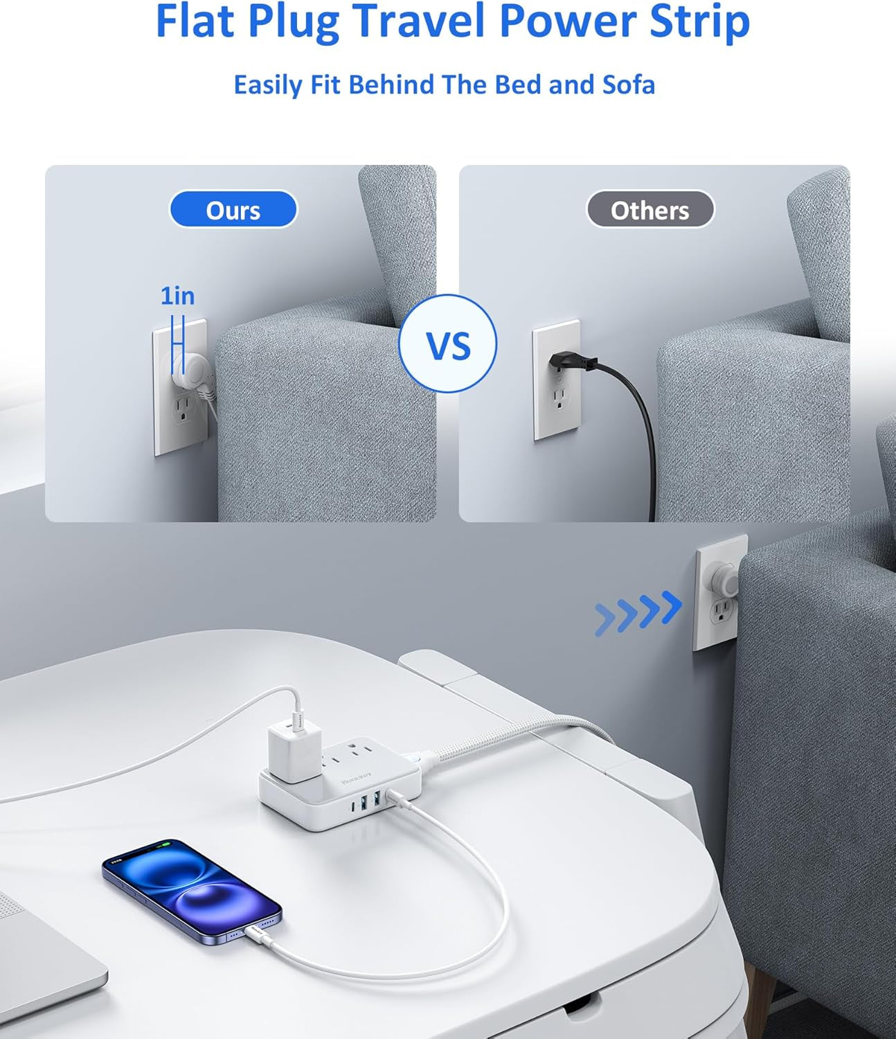 Easycombo Travel Detachable Power-Strip - 3-Outlets, Cruise Approved, No Surge Protection, Detachable Cord Options,4 USB Ports (2 USB-C, 2 USB-A)