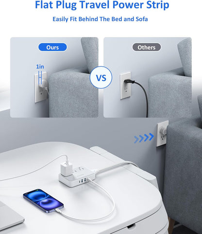 Easycombo Travel Detachable Power-Strip - 3-Outlets, Cruise Approved, No Surge Protection, Detachable Cord Options,4 USB Ports (2 USB-C, 2 USB-A)