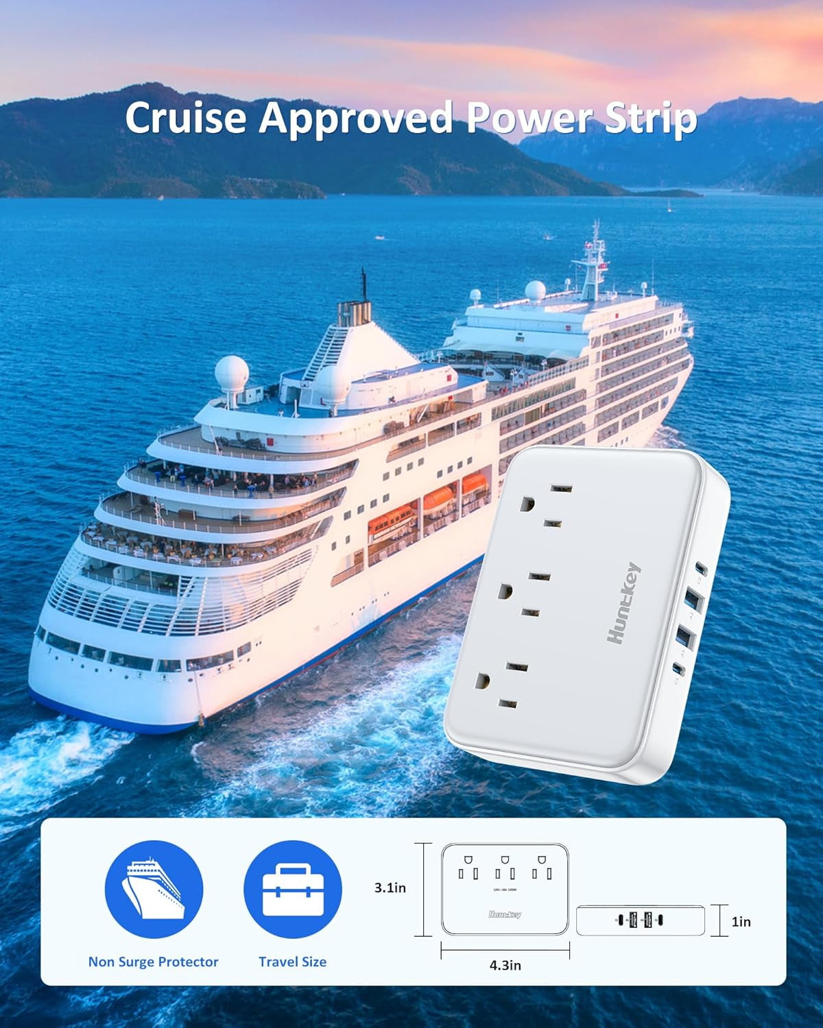 Easycombo Travel Detachable Power-Strip - 3-Outlets, Cruise Approved, No Surge Protection, Detachable Cord Options,4 USB Ports (2 USB-C, 2 USB-A)