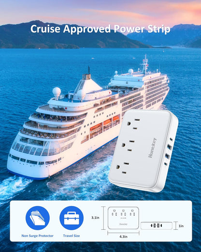 Easycombo Travel Detachable Power-Strip - 3-Outlets, Cruise Approved, No Surge Protection, Detachable Cord Options,4 USB Ports (2 USB-C, 2 USB-A)