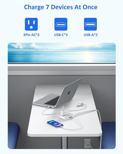 Easycombo Travel Detachable Power-Strip - 3-Outlets, Cruise Approved, No Surge Protection, Detachable Cord Options,4 USB Ports (2 USB-C, 2 USB-A)